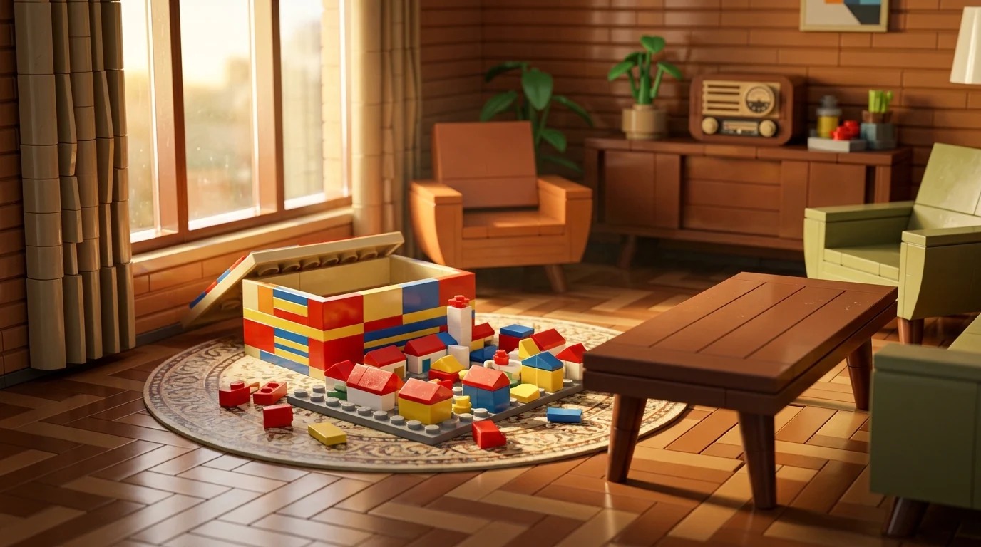 A 1950s Danish living room built from LEGO bricks, with an open box of bricks on the rug